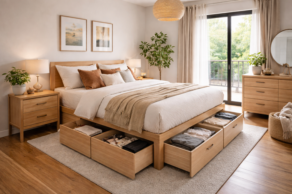 small apartment with bed featuring built-in storage drawers