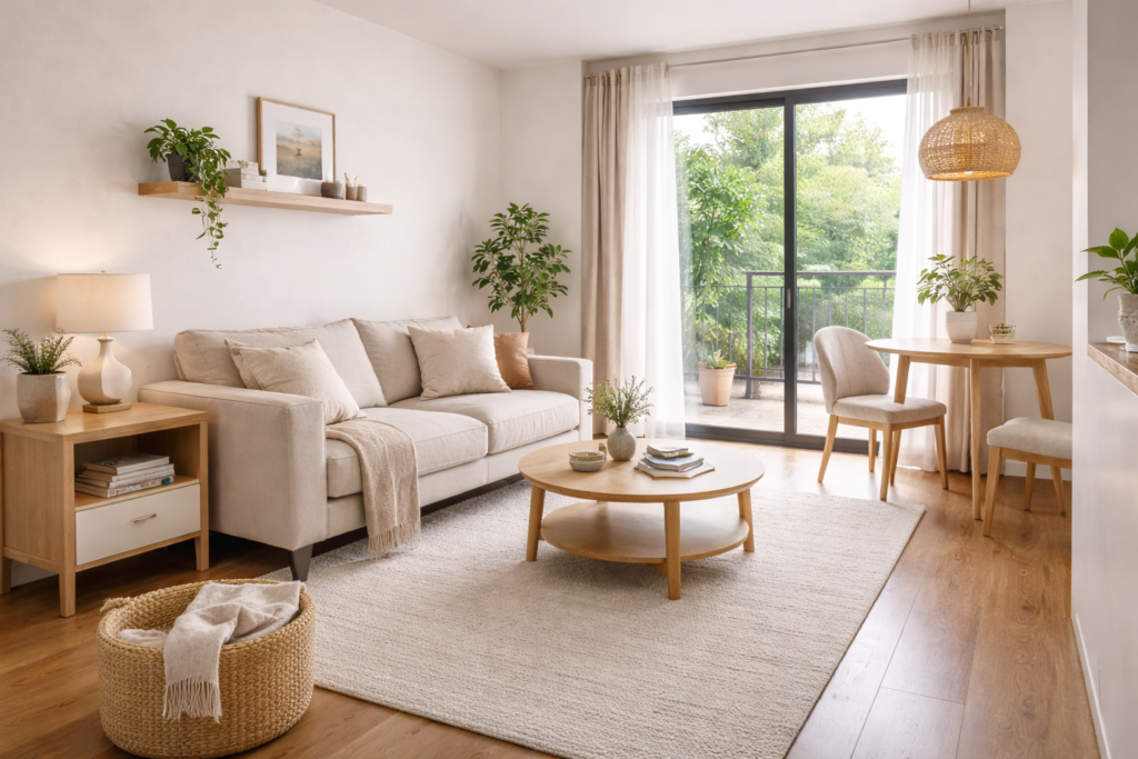minimalism for small spaces in a bright apartment living room with neutral tones