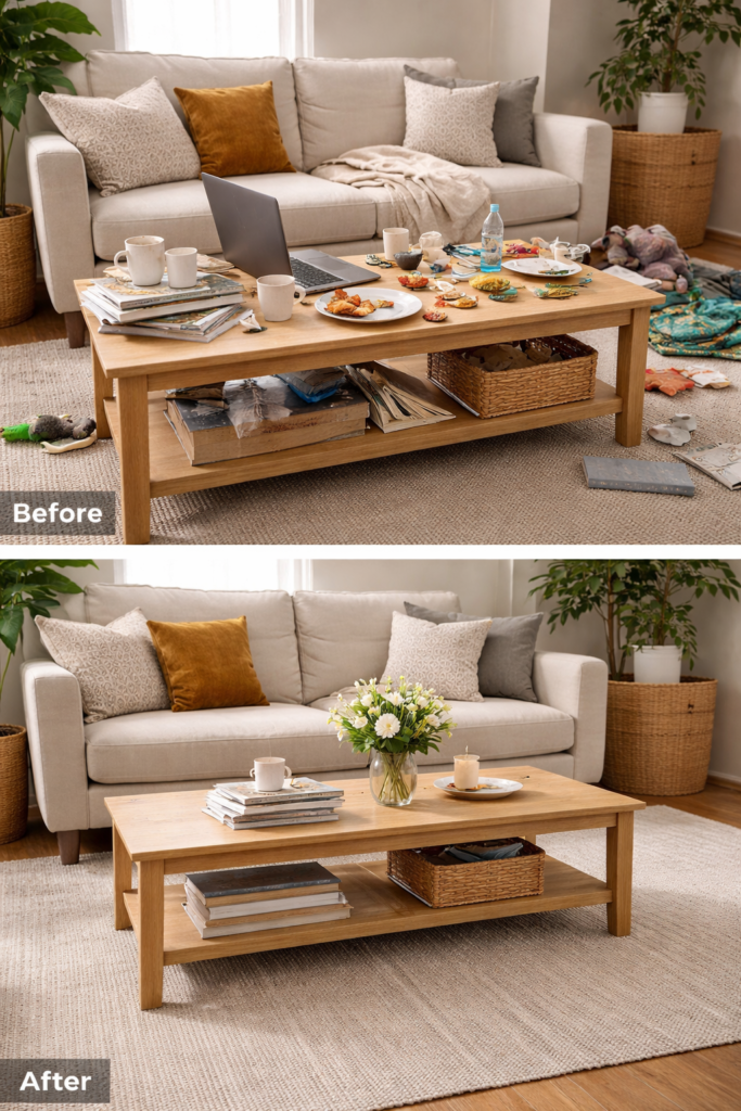 cluttered home surface before and after decluttering