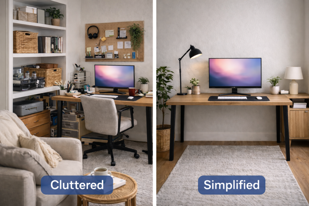 comparison of cluttered room and minimalist functional space