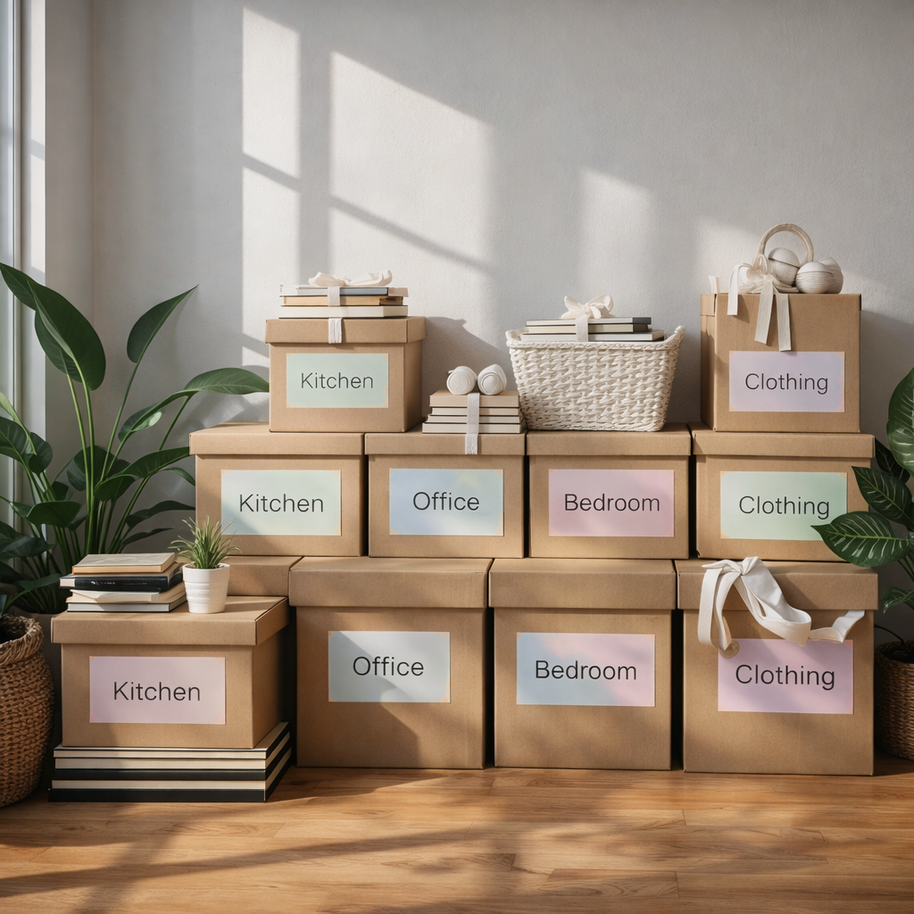 declutter your home process with sorted piles and labelled boxe