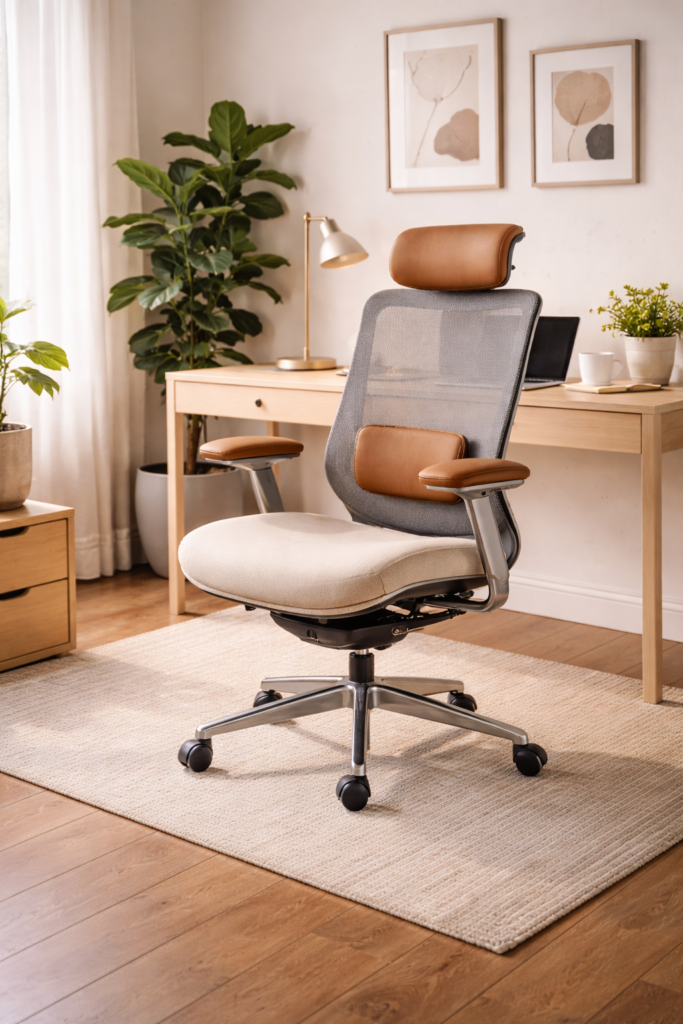 Aesthetic ergonomic office chair in a modern home office designed for comfort and everyday work
