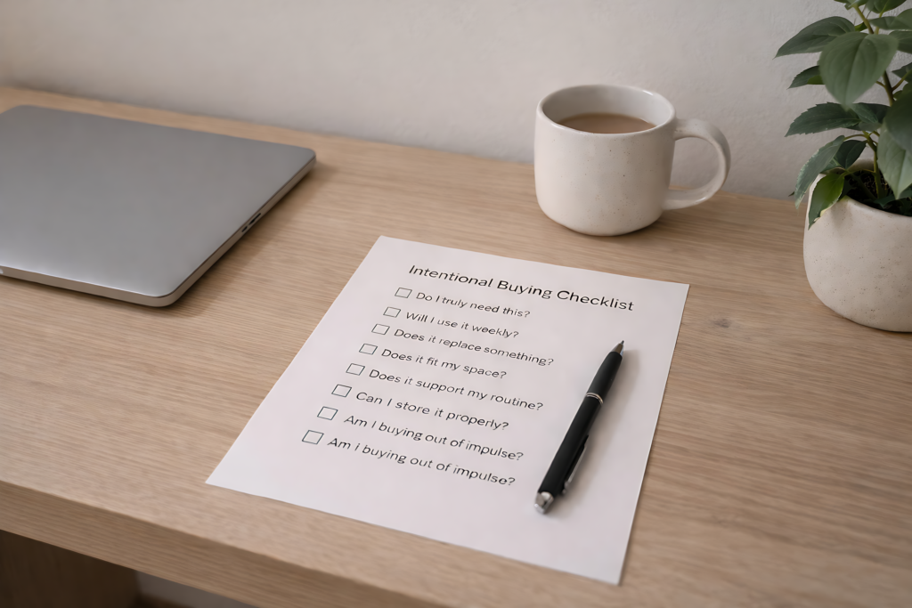 intentional buying checklist on minimal desk setup
