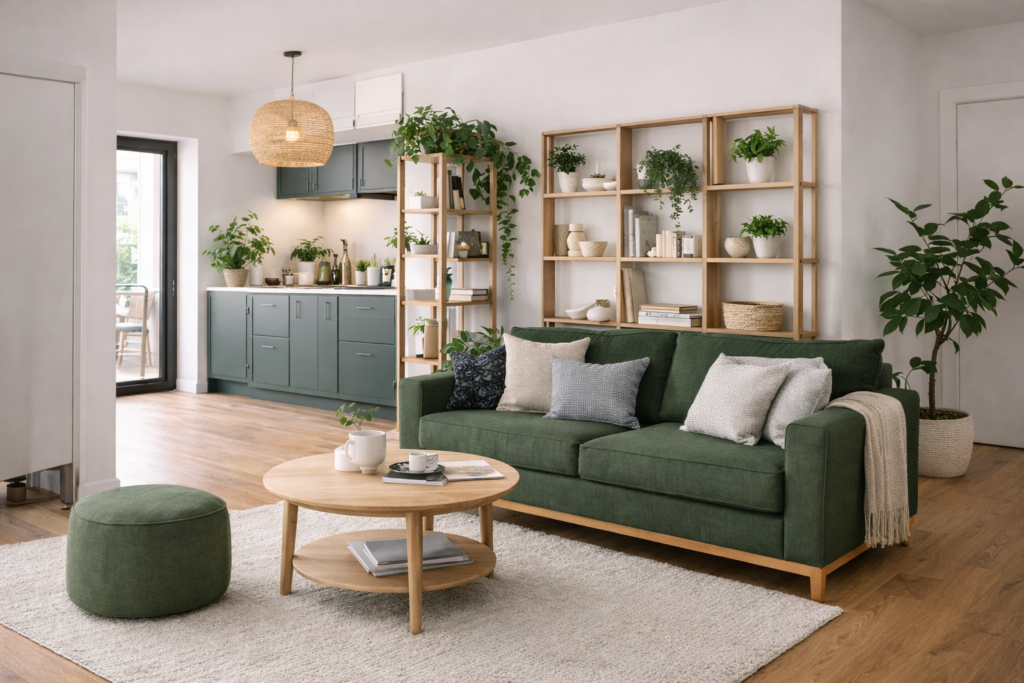 minimalist apartment with vertical wall shelving and simple decor