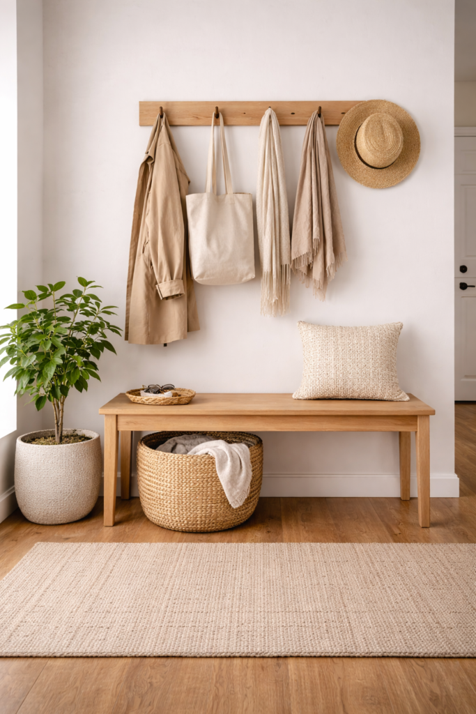 minimalist entryway with simple basket and wall hooks