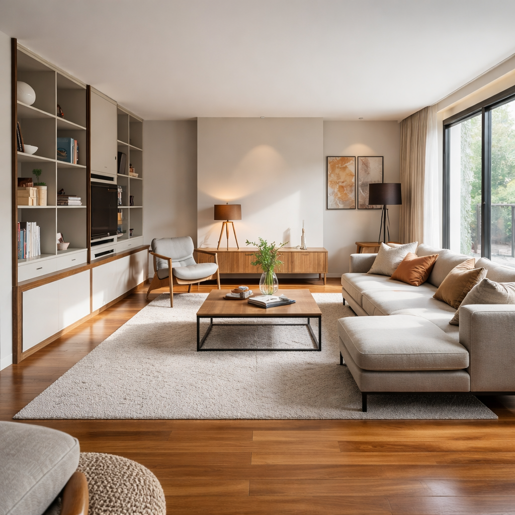 minimalist living room with hidden storage and clean surfaces