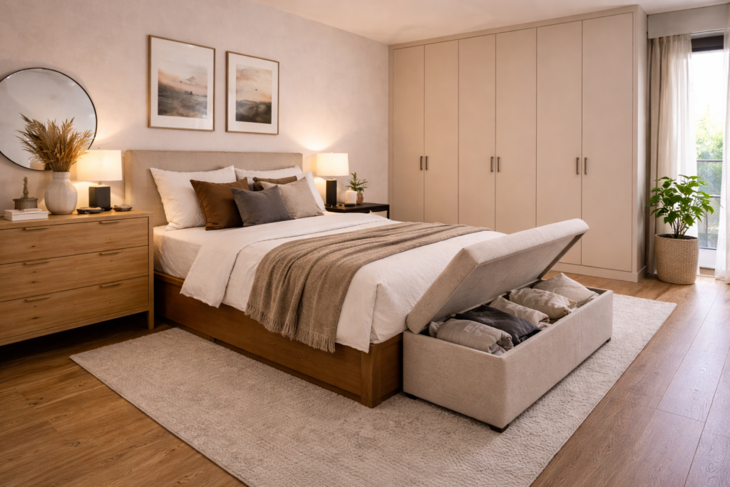 small apartment bedroom with closed wardrobe and concealed storage