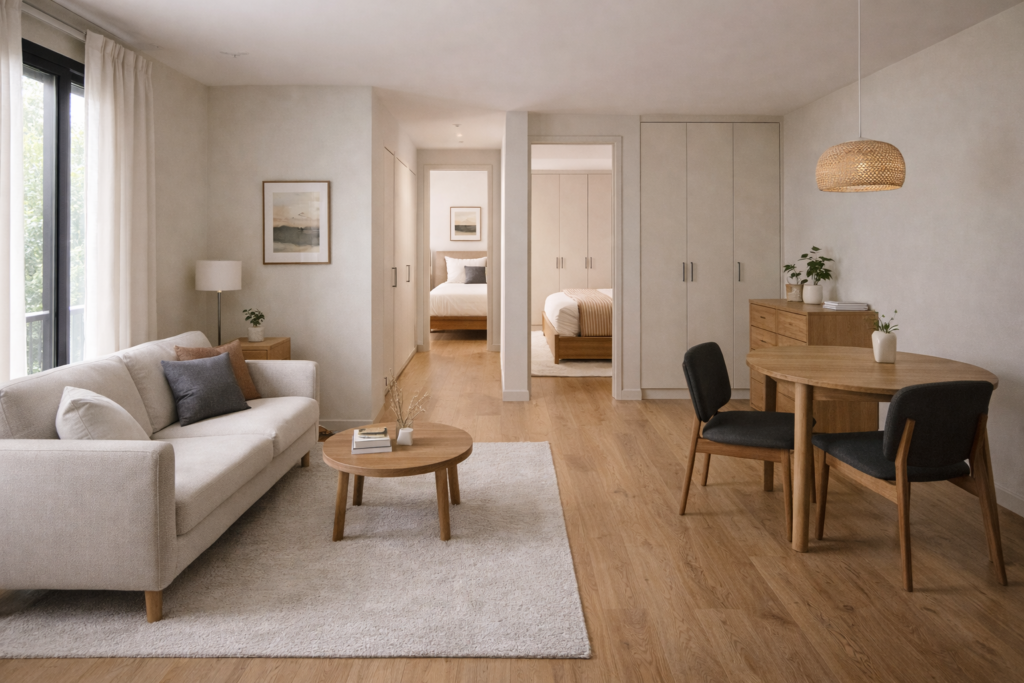 small apartment layout showing intentional buying and minimal furniture