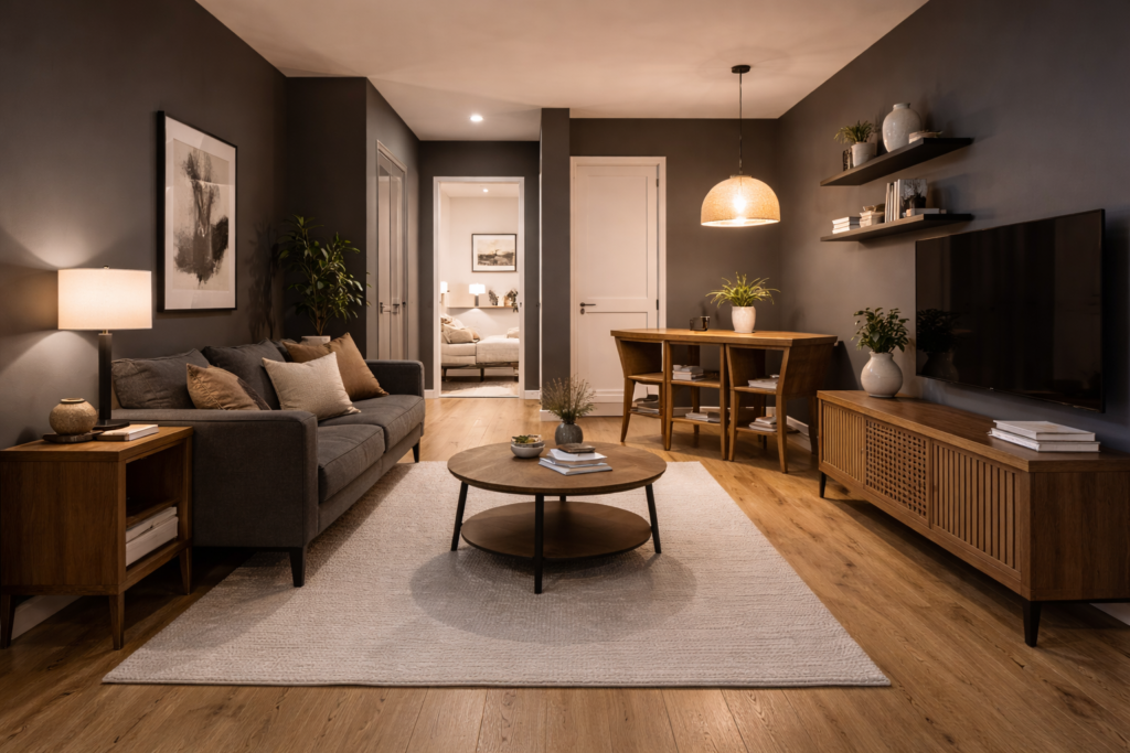 small apartment layout with clear walking pathway and minimal furniture